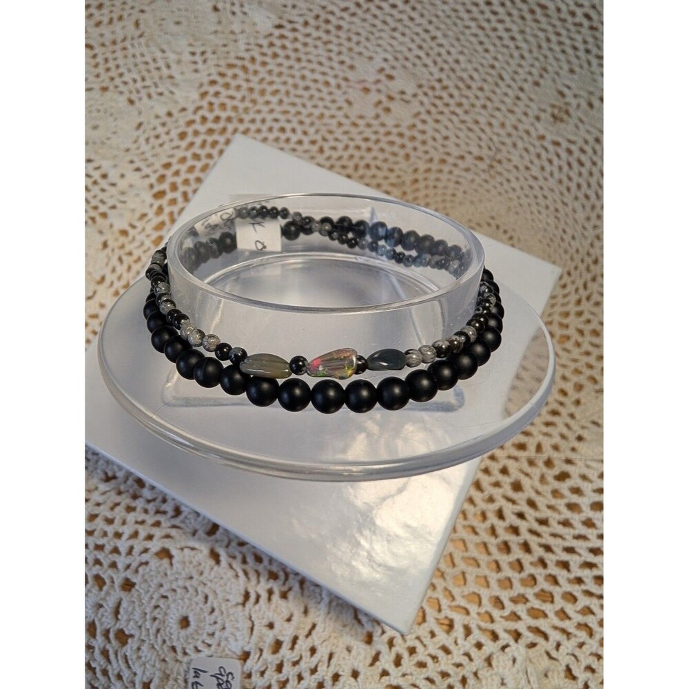 Stretch Bracelet Set- Black Onyx And Snowflake Obsidian With Ethiopian Opal